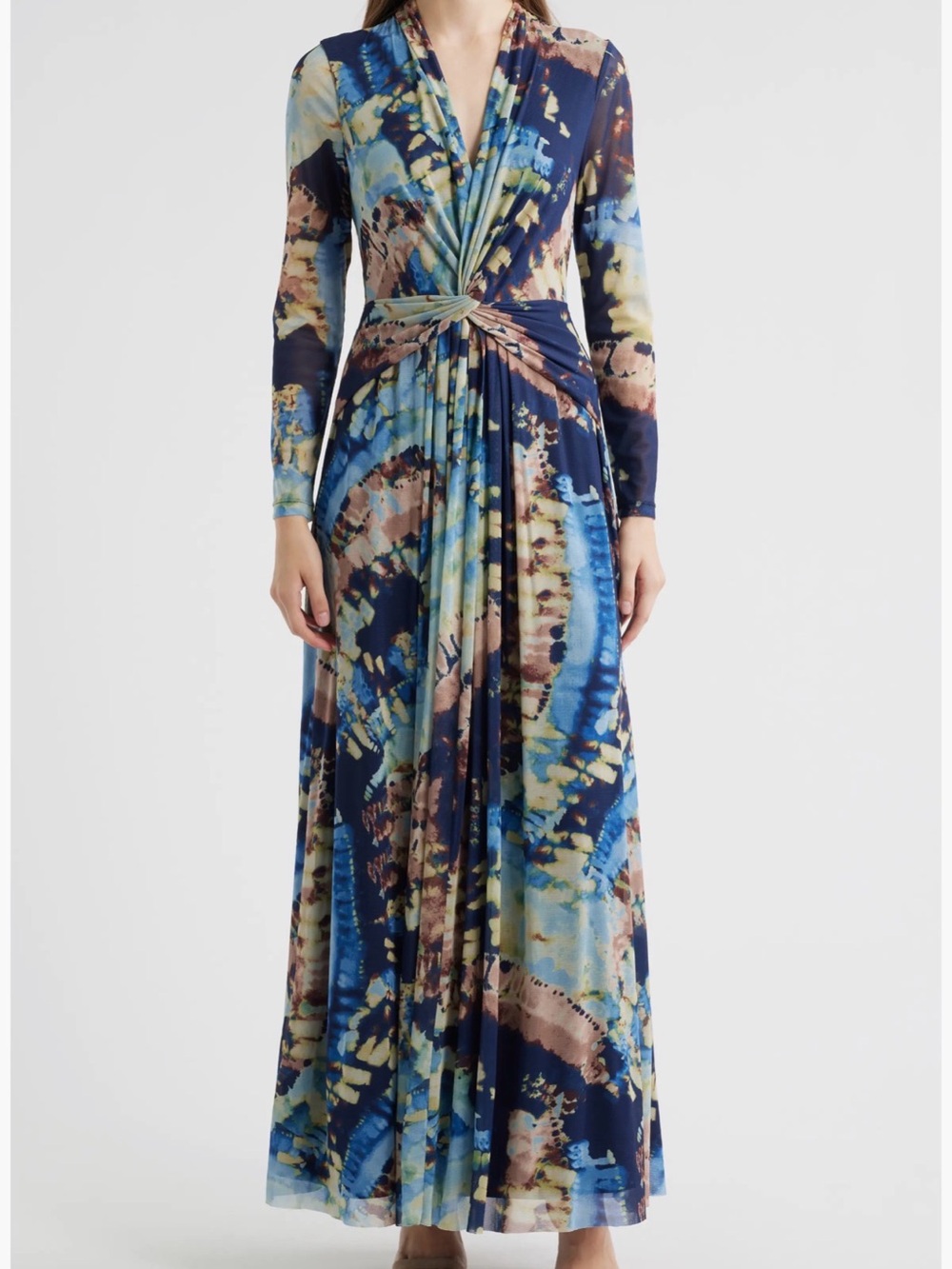 Anne Klein Navy and Blue Tie-Dye Long Sleeve Maxi Dress